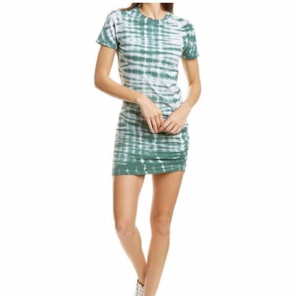 NWOT Monrow Green & White Shirred Alligator Tie Die Mini T-Shirt Dress - Size XS - Picture 1 of 7